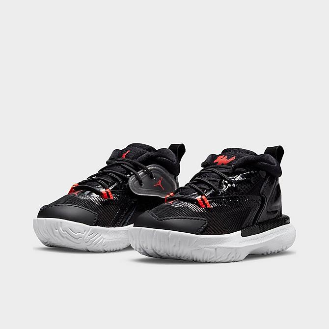 Three Quarter view of Kids' Toddler Jordan Zion 1 Basketball Shoes in Black/Bright Crimson/White Click to zoom