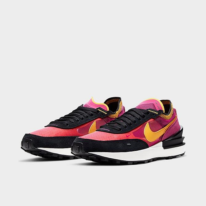 Three Quarter view of Women's Nike Waffle One Casual Shoes in Active Fuchsia/University Gold/Black/Coconut Milk Click to zoom