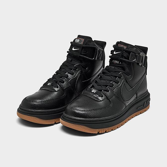 Three Quarter view of Women's Nike Air Force 1 High Utility 2.0 Sneaker Boots in Black/Summit White/Orange/Gum Medium Brown Click to zoom
