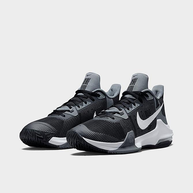 Three Quarter view of Men's Nike Air Max Impact 3 Basketball Shoes in Black/White/Cool Grey Click to zoom