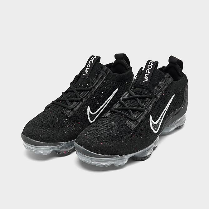 Three Quarter view of Women's Nike Air VaporMax 2021 Flyknit Running Shoes in Black/White/Metallic Silver Click to zoom