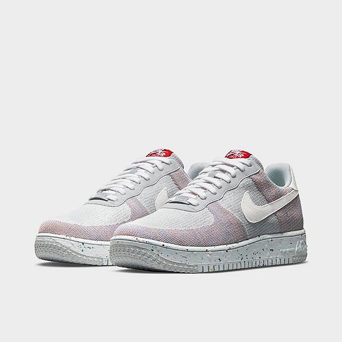 Three Quarter view of Men's Nike Air Force 1 Crater Flyknit Casual Shoes in Wolf Grey/White/Pure Platinum/Gym Red Click to zoom