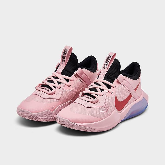 Three Quarter view of Girls' Big Kids' Nike Air Zoom Crossover Basketball Shoes in Pink Glaze/Magic Ember/Black Click to zoom