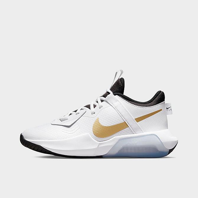 Right view of Big Kids’ Nike Air Zoom Crossover Basketball Shoes in White/Metallic Gold/Black Click to zoom