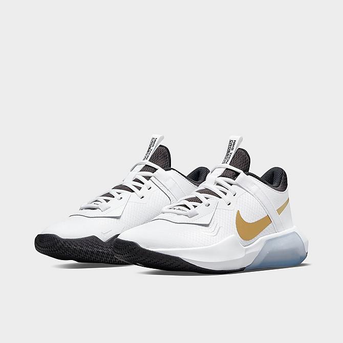 Three Quarter view of Big Kids’ Nike Air Zoom Crossover Basketball Shoes in White/Metallic Gold/Black Click to zoom