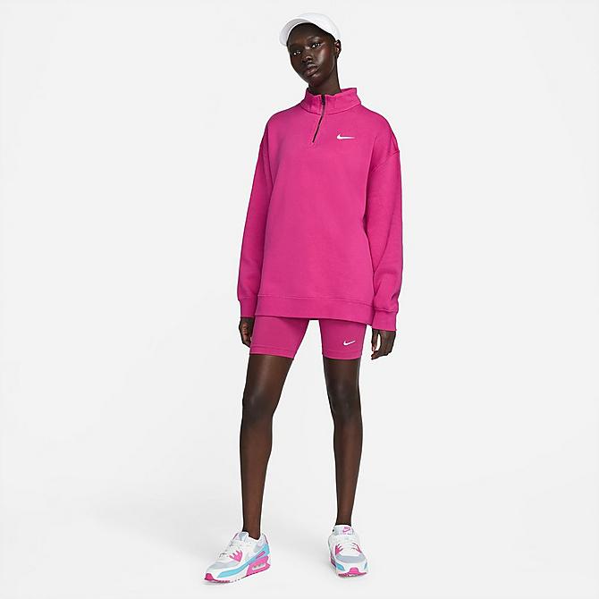Front Three Quarter view of Women's Nike Sportswear Trend Quarter-Zip Fleece Sweatshirt in Active Pink/White Click to zoom
