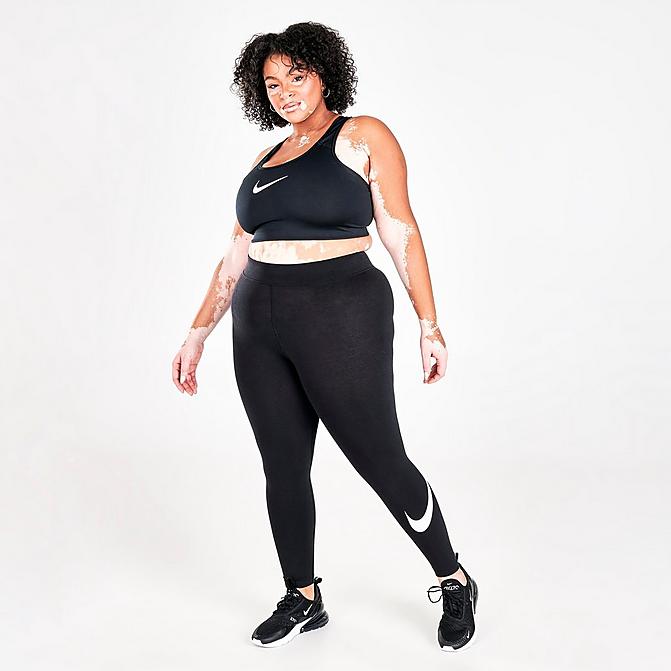 Front view of Women's Nike Sportswear Essential Mid-Rise Cropped Swoosh Leggings (Plus Size) in Black/White Click to zoom