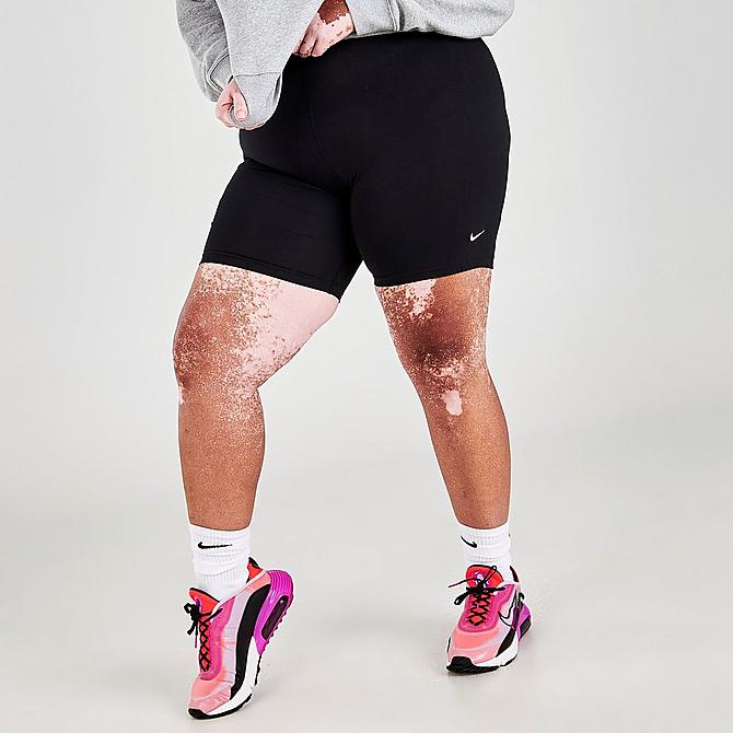 Back Left view of Women's Nike Sportswear Essential Mid-Rise Bike Shorts (Plus Size) in Black/White Click to zoom
