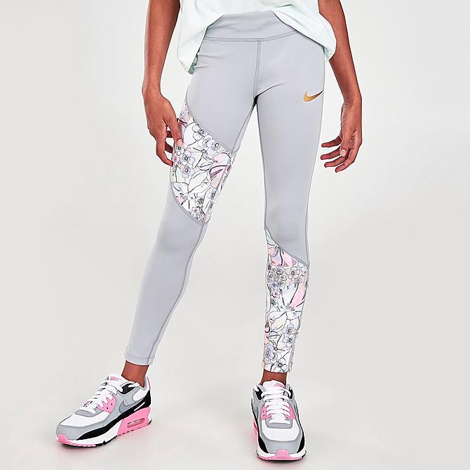 Back Left view of Girls' Nike Dri-FIT One Femme Leggings in Light Smoke Grey/Multi-Color/Metallic Gold Click to zoom