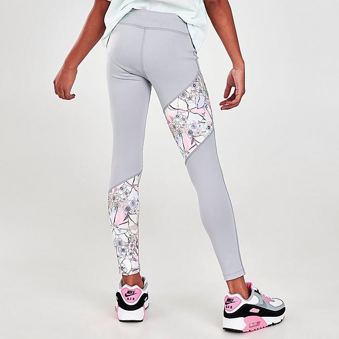 Back Right view of Girls' Nike Dri-FIT One Femme Leggings in Light Smoke Grey/Multi-Color/Metallic Gold Click to zoom