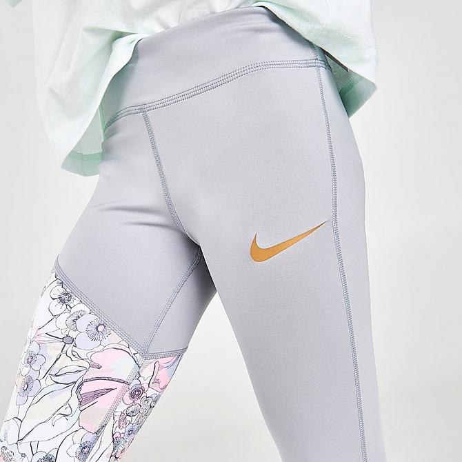 On Model 5 view of Girls' Nike Dri-FIT One Femme Leggings in Light Smoke Grey/Multi-Color/Metallic Gold Click to zoom