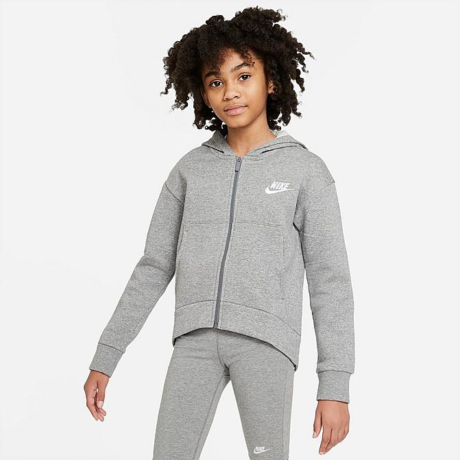 Front view of Girls' Nike Sportswear Club Fleece Full-Zip Hoodie in Carbon Heather/White Click to zoom