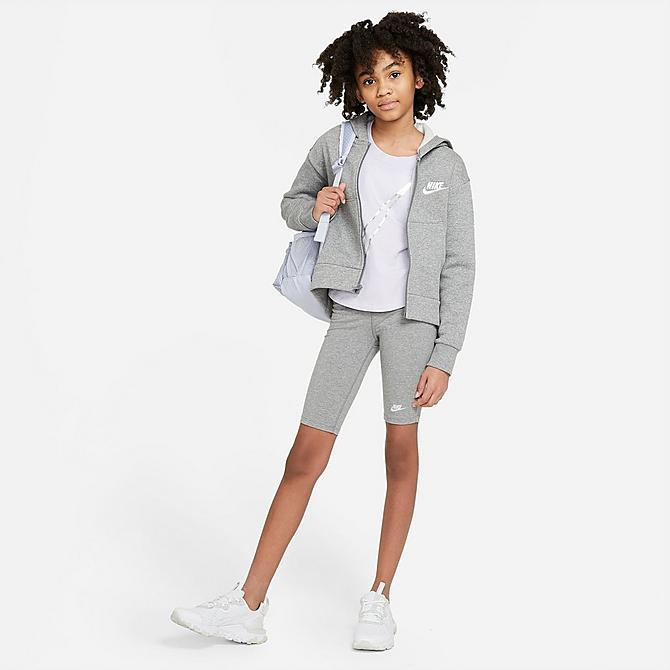 Front Three Quarter view of Girls' Nike Sportswear Club Fleece Full-Zip Hoodie in Carbon Heather/White Click to zoom