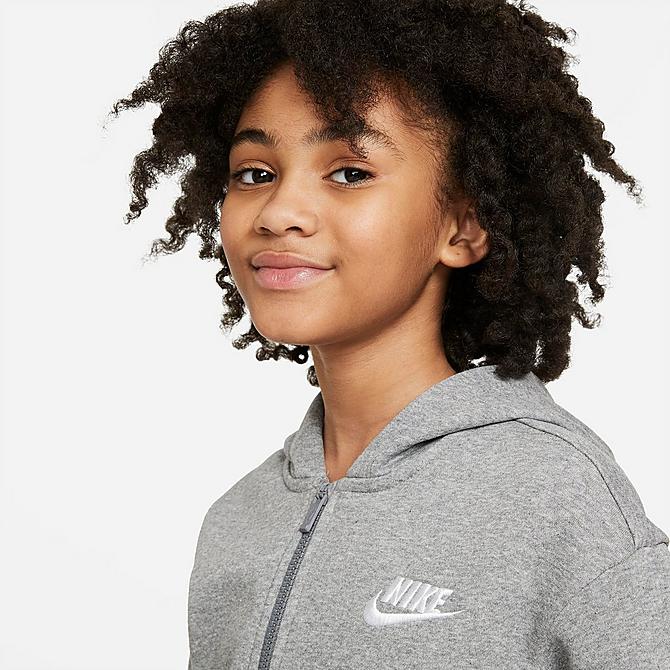 Back Right view of Girls' Nike Sportswear Club Fleece Full-Zip Hoodie in Carbon Heather/White Click to zoom