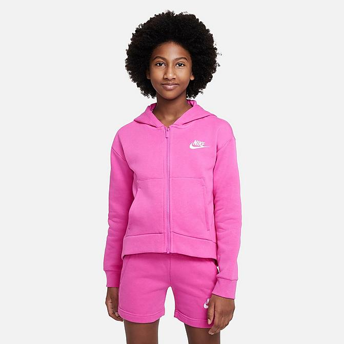 Front view of Girls' Nike Sportswear Club Fleece Full-Zip Hoodie in Active Fuchsia/White Click to zoom