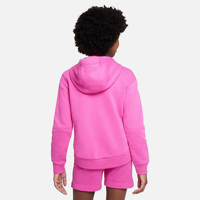 Front Three Quarter view of Girls' Nike Sportswear Club Fleece Full-Zip Hoodie in Active Fuchsia/White Click to zoom