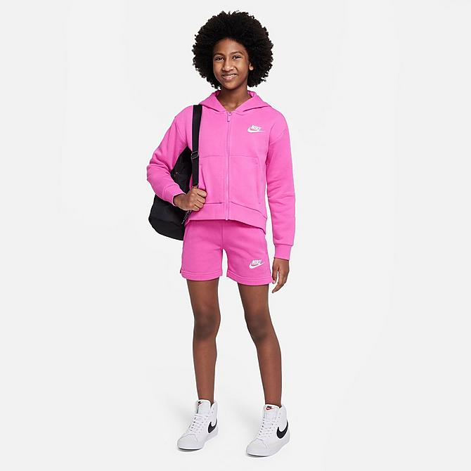 Back Left view of Girls' Nike Sportswear Club Fleece Full-Zip Hoodie in Active Fuchsia/White Click to zoom