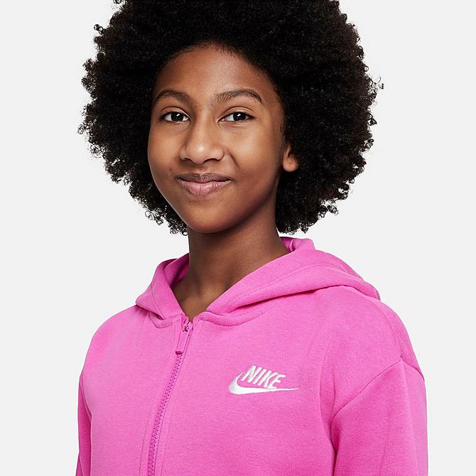 Back Right view of Girls' Nike Sportswear Club Fleece Full-Zip Hoodie in Active Fuchsia/White Click to zoom