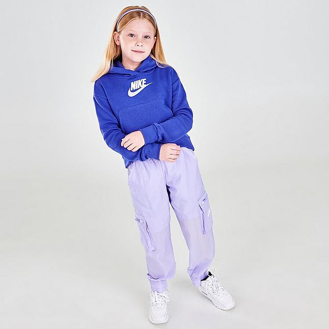Front Three Quarter view of Girls' Nike Sportswear Club Fleece High-Low Pullover Hoodie in Lapis/Purple Pluse/White Click to zoom