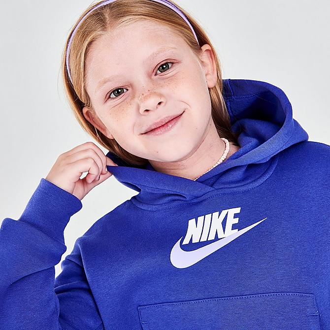 On Model 6 view of Girls' Nike Sportswear Club Fleece High-Low Pullover Hoodie in Lapis/Purple Pluse/White Click to zoom