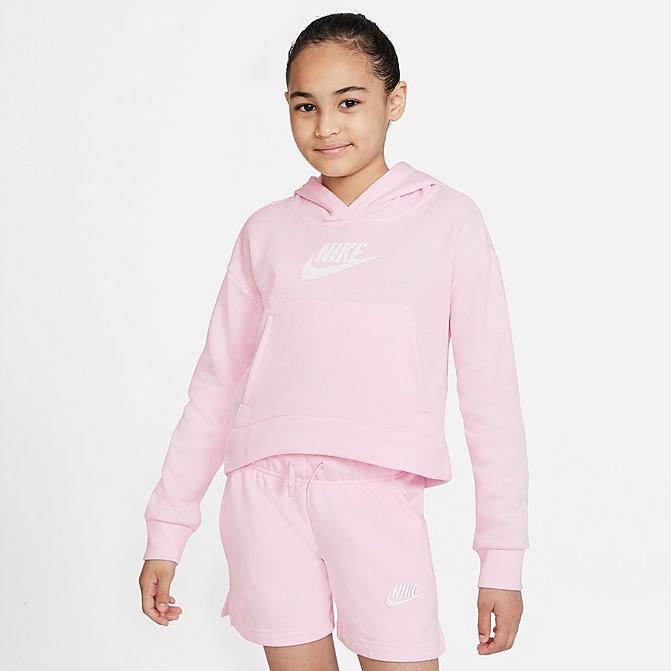 Front view of Girls' Nike Sportswear Club Fleece High-Low Pullover Hoodie in Pink Foam/White Click to zoom
