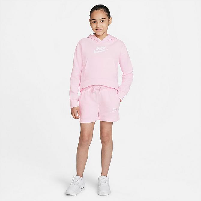 Front Three Quarter view of Girls' Nike Sportswear Club Fleece High-Low Pullover Hoodie in Pink Foam/White Click to zoom