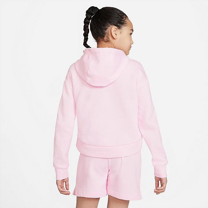 Back Left view of Girls' Nike Sportswear Club Fleece High-Low Pullover Hoodie in Pink Foam/White Click to zoom