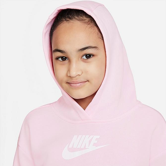 Back Right view of Girls' Nike Sportswear Club Fleece High-Low Pullover Hoodie in Pink Foam/White Click to zoom