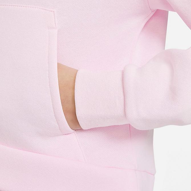 On Model 5 view of Girls' Nike Sportswear Club Fleece High-Low Pullover Hoodie in Pink Foam/White Click to zoom