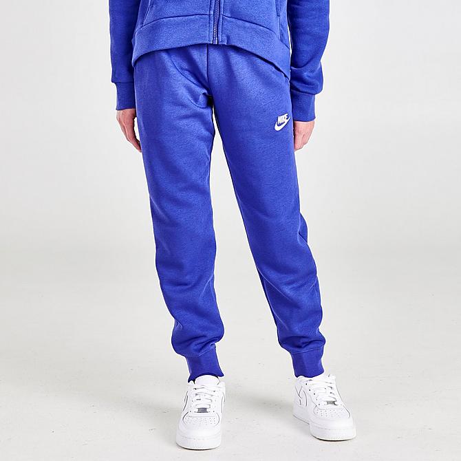 Front Three Quarter view of Girls' Nike Sportswear Club Fleece Jogger Pants in Lapis/White Click to zoom