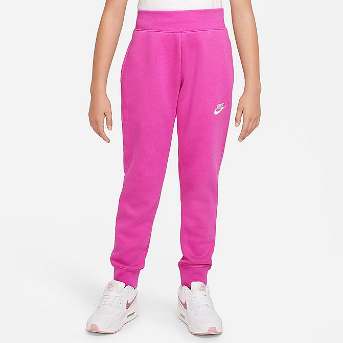 Front view of Girls' Nike Sportswear Club Fleece Jogger Pants in Active Fuchsia/White Click to zoom