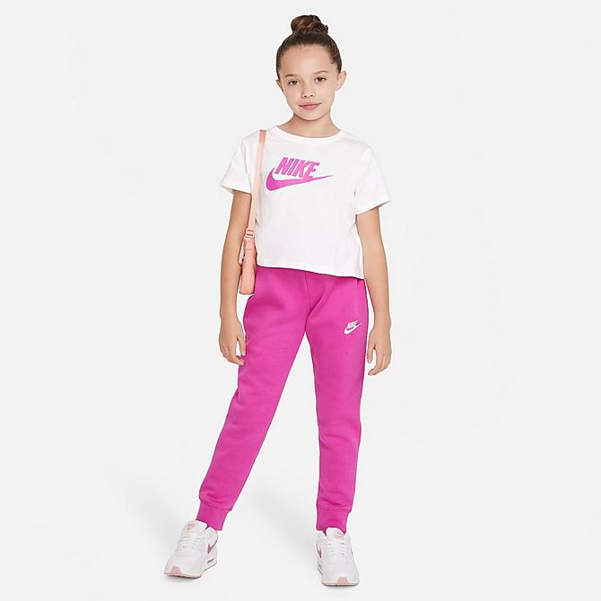 Front Three Quarter view of Girls' Nike Sportswear Club Fleece Jogger Pants in Active Fuchsia/White Click to zoom