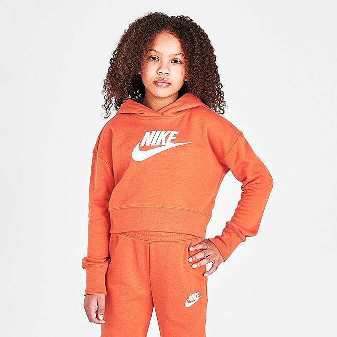Front view of Girls' Nike Sportswear Club French Terry Cropped Pullover Hoodie in Sport Spice/White Click to zoom