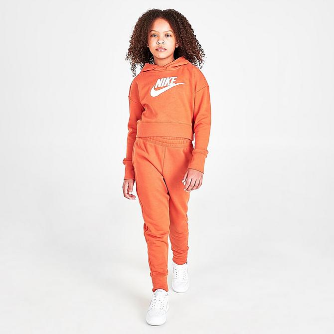 Front Three Quarter view of Girls' Nike Sportswear Club French Terry Cropped Pullover Hoodie in Sport Spice/White Click to zoom