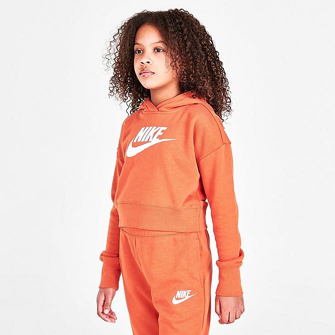 Back Left view of Girls' Nike Sportswear Club French Terry Cropped Pullover Hoodie in Sport Spice/White Click to zoom
