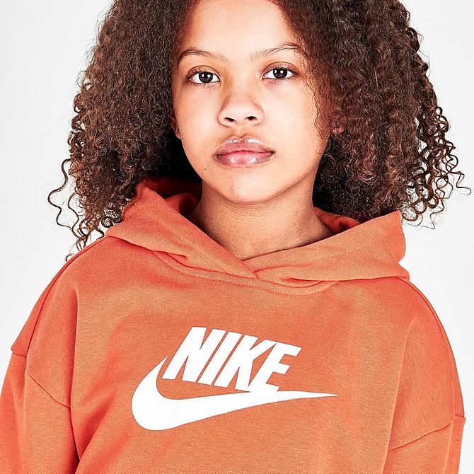 On Model 6 view of Girls' Nike Sportswear Club French Terry Cropped Pullover Hoodie in Sport Spice/White Click to zoom
