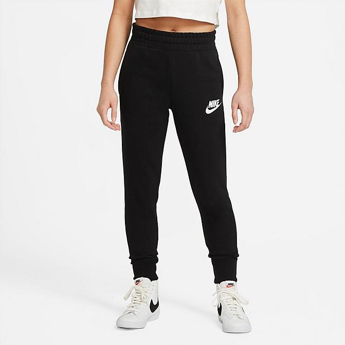 Front view of Girls' Nike Sportswear Club French Terry Jogger Pants in Black/White Click to zoom