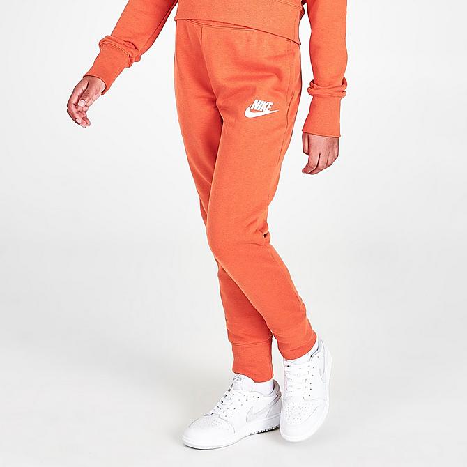 Front Three Quarter view of Girls' Nike Sportswear Club French Terry Jogger Pants in Sport Spice Click to zoom
