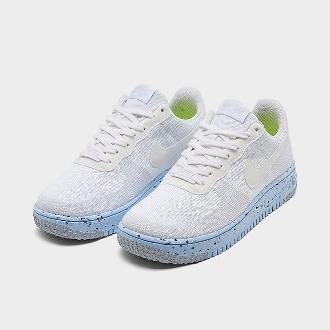 Three Quarter view of Women's Nike Air Force 1 Crater Flyknit Casual Shoes in White/White/Pure Platinum Click to zoom