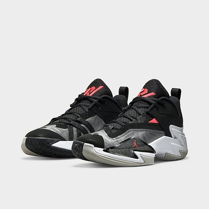 Three Quarter view of Big Kids' Jordan One Take 3 Basketball Shoes in Black/Bright Crimson/White/Grey Fog Click to zoom
