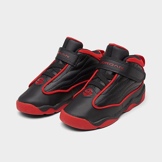 Three Quarter view of Kids' Toddler Jordan Pro Strong Basketball Shoes in Black/University Red Click to zoom
