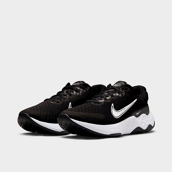 Three Quarter view of Women's Nike Renew Ride 3 Road Running Shoes in Black/White/Dark Smoke Grey/Smoke Grey Click to zoom