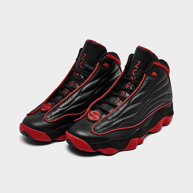 Three Quarter view of Men's Air Jordan Pro Strong Basketball Shoes in Black/University Red Click to zoom