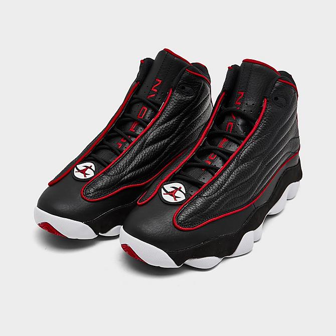 Three Quarter view of Men's Air Jordan Pro Strong Basketball Shoes in Black/University Red/White Click to zoom