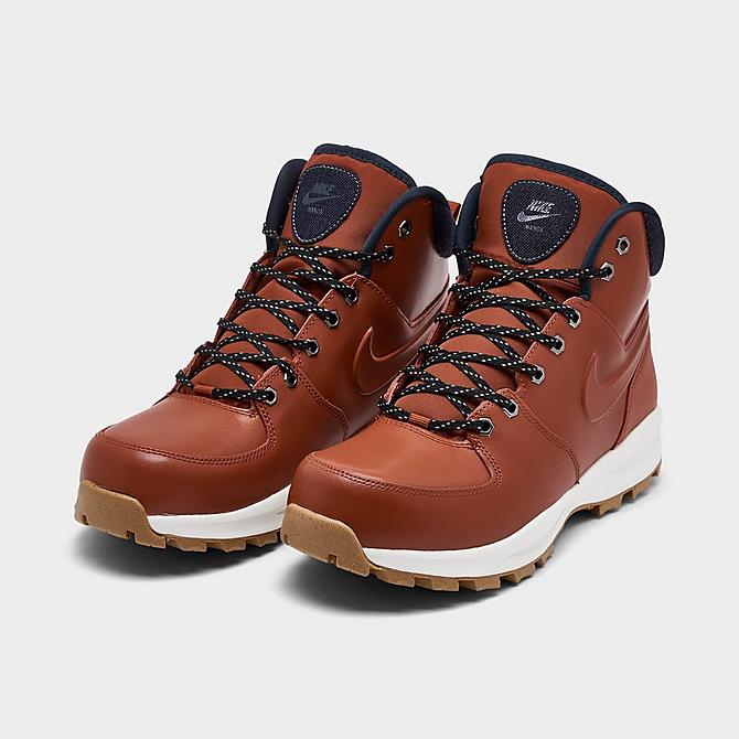 Three Quarter view of Men's Nike Manoa Leather SE Boots in Rugged Orange/Armory Navy/Summit White/Rugged Orange Click to zoom
