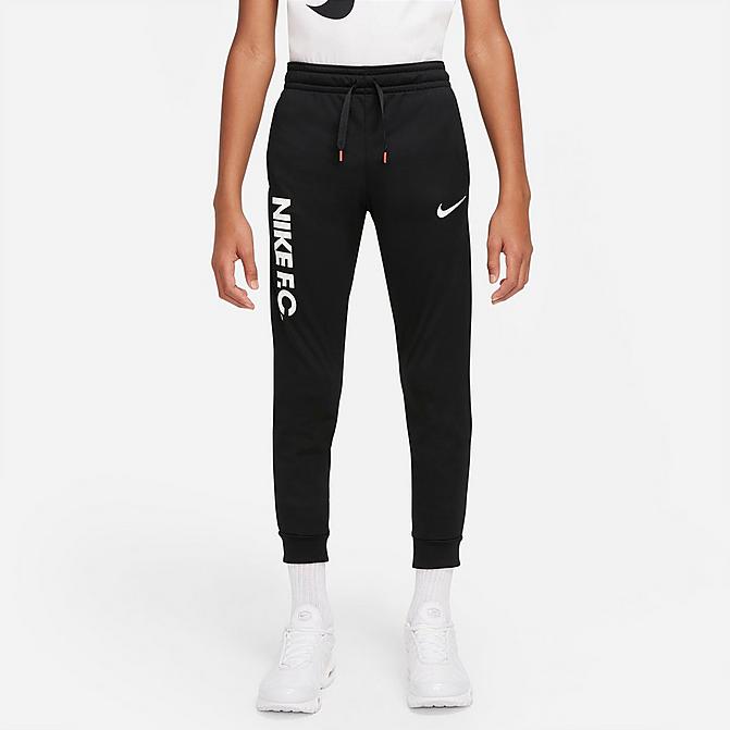 Front view of Boys' Nike F.C. Dri-FIT Knit Soccer Jogger Pants in Black/White/White Click to zoom