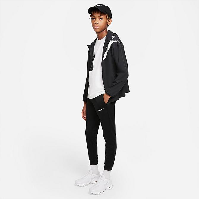 Back Left view of Boys' Nike F.C. Dri-FIT Knit Soccer Jogger Pants in Black/White/White Click to zoom
