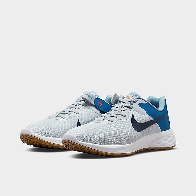 Three Quarter view of Men's Nike Revolution 6 FlyEase Next Nature Running Shoes in Pure Platinum/Dark Marina Blue/Worn Blue/Thunder Blue Click to zoom