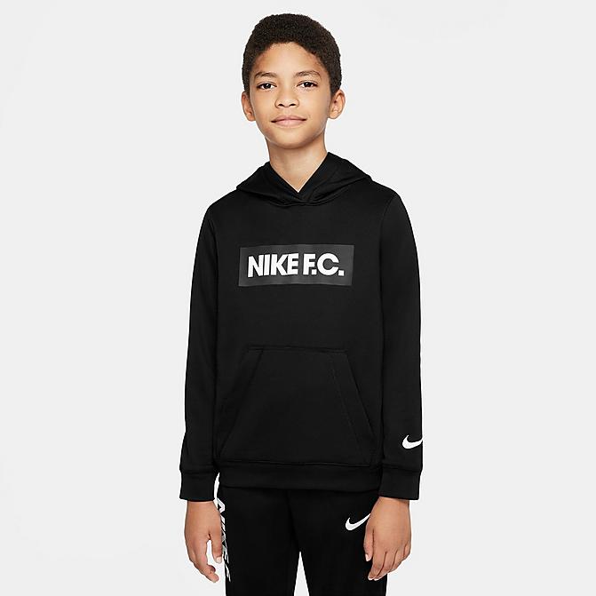 Front view of Kids' Nike F.C. Soccer Hoodie in Black/White/White Click to zoom