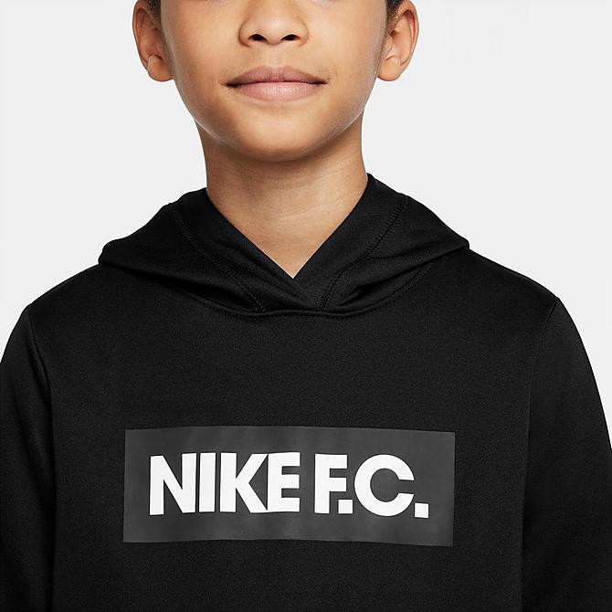 Back Left view of Kids' Nike F.C. Soccer Hoodie in Black/White/White Click to zoom